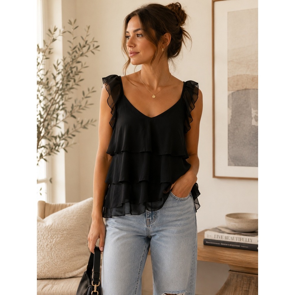 Cupcakes & Cashmere Black Tiered Ruffle Tank Top Small